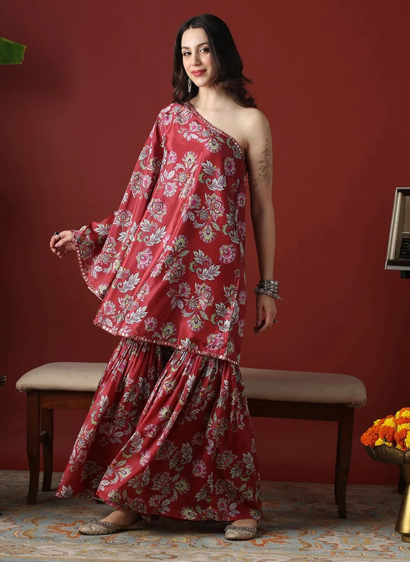 globus Globus Women Red Floral Print Mirror Detail One Shoulder Tunic & Sharara Fusion Co-Ord Set